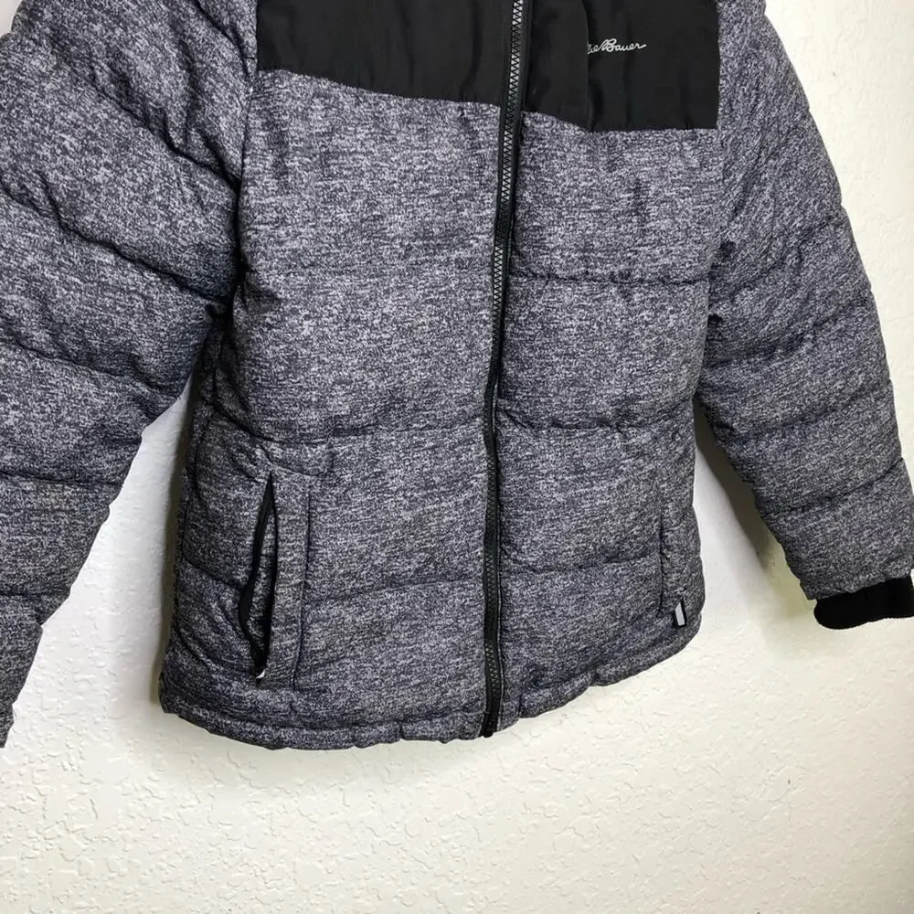 Eddie Bauer boys gray black puffer hooded coat size Medium 10 - 12